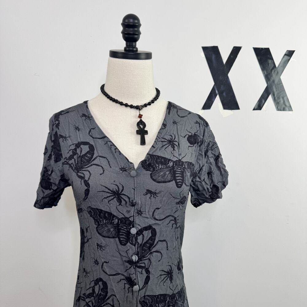 Disturbia Parasite Bug Print Midi Shirt Dress Button Front Goth Alt 4 - Picture 2 of 8